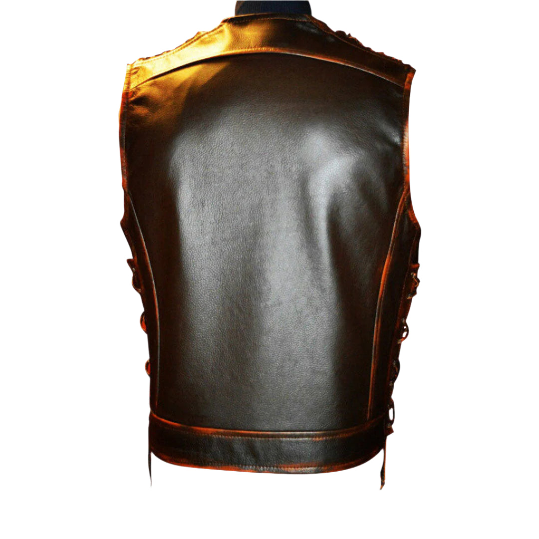 Men’s Vintage Leather Biker Vest – Distressed Cowhide with Buckle Closure