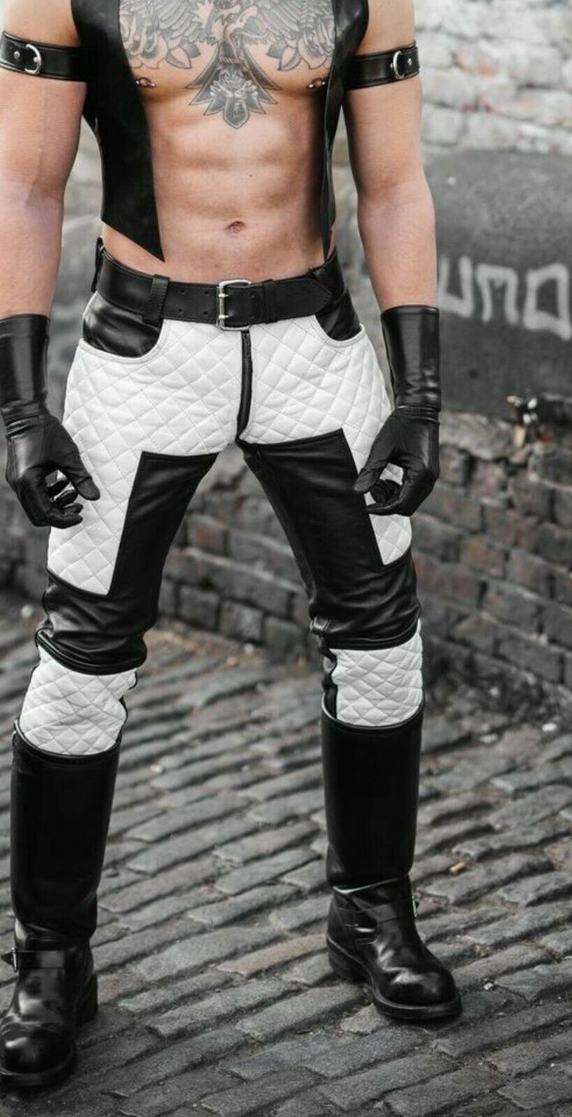 Men's Leather Biker Pants – Black & White Quilted Cowhide