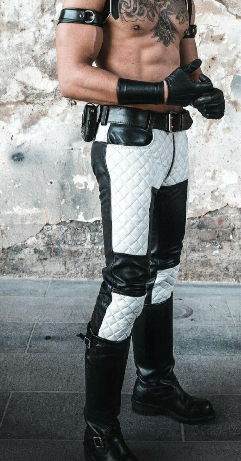 Men's Leather Biker Pants – Black & White Quilted Cowhide