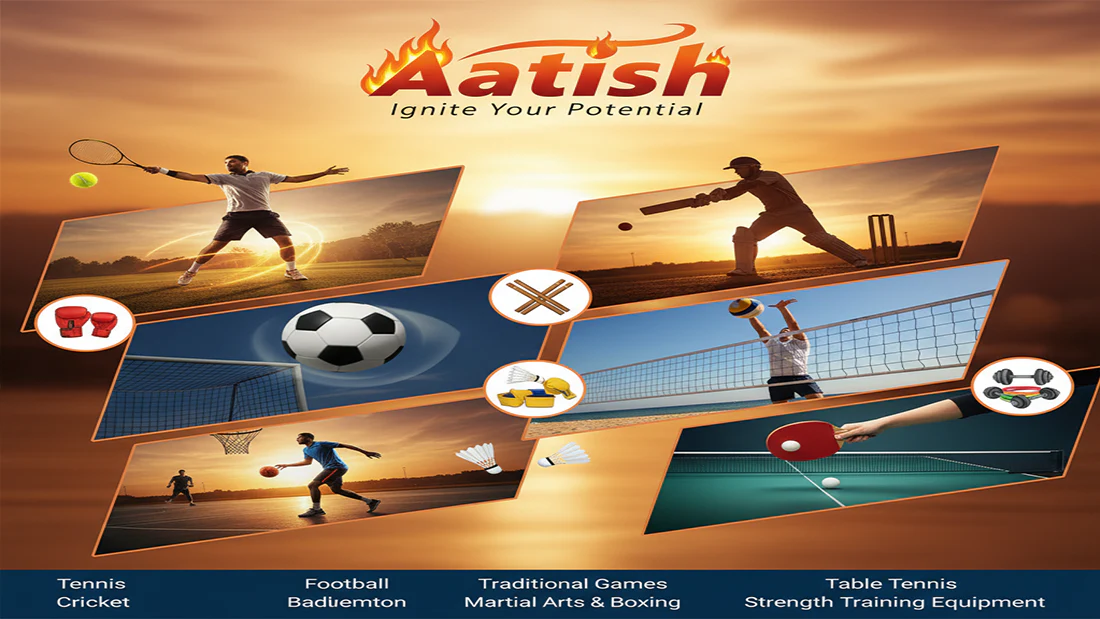 Promotional poster featuring multiple sports and strength training equipment – AAtish premium sportswear and gear