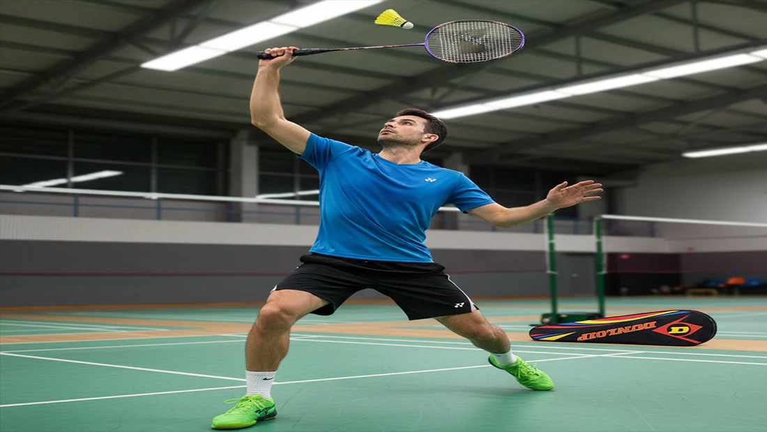 Player on indoor badminton court preparing shot with racket and shuttlecock – ShopBasix badminton gear and training"