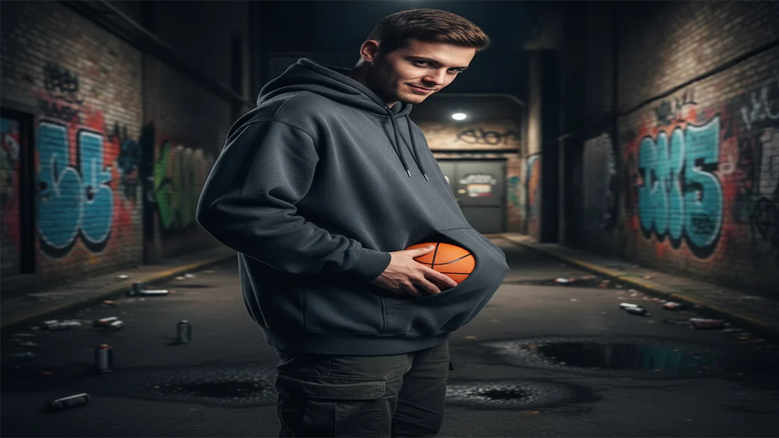 Person in urban alley holding basketball in hoodie – ShopBasix basketball history, types, and gear guide