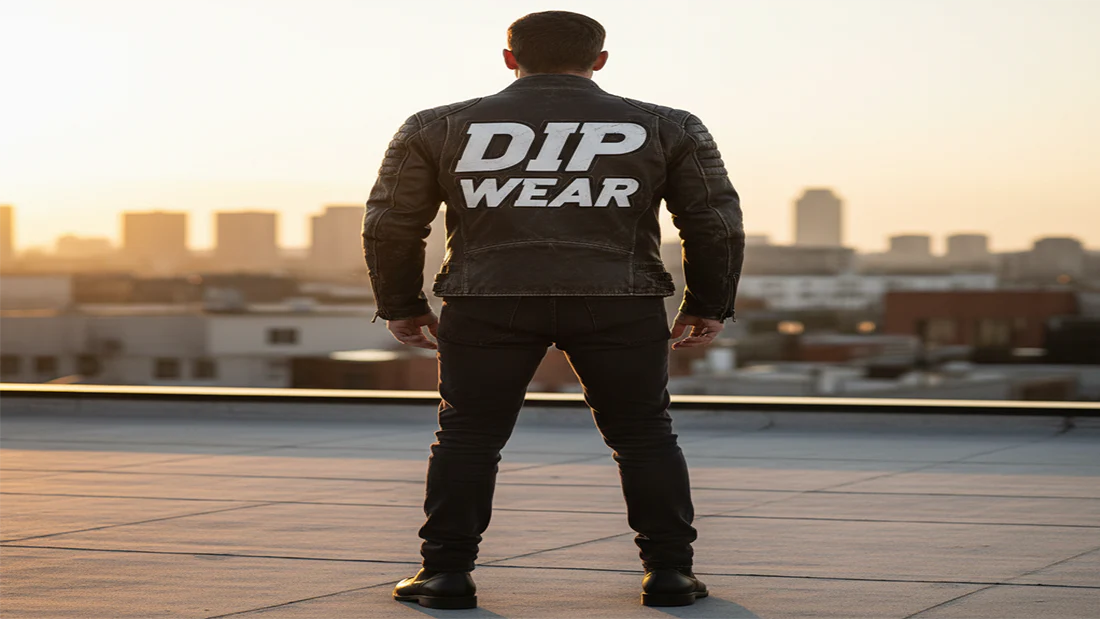 Person in black leather jacket with Dipwear text on rooftop at sunset – ShopBasix redefining leather fashion