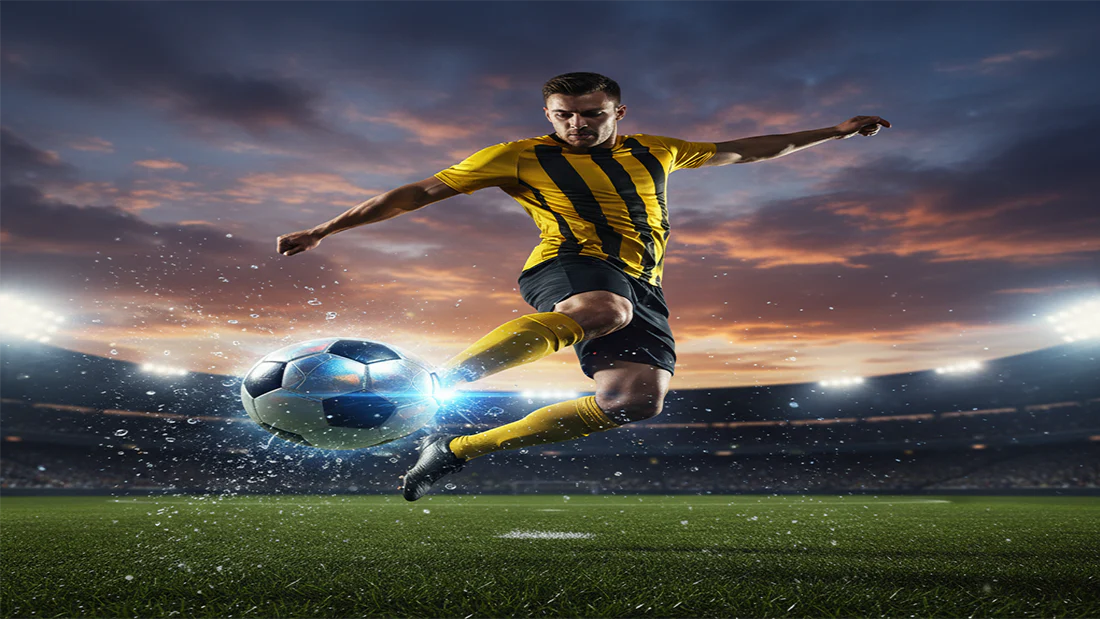Soccer player kicking ball in stadium under sunset lights – ShopBasix football basics and global sport
