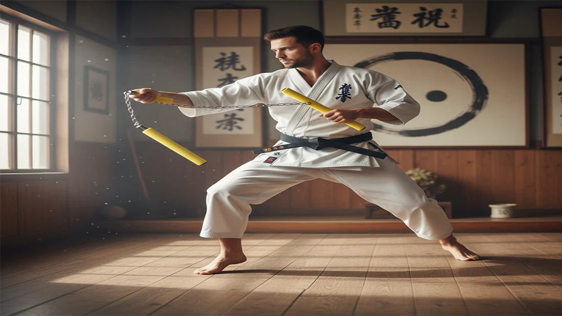 Martial artist in white uniform with black belt using nunchaku – ShopBasix cultural discipline and training