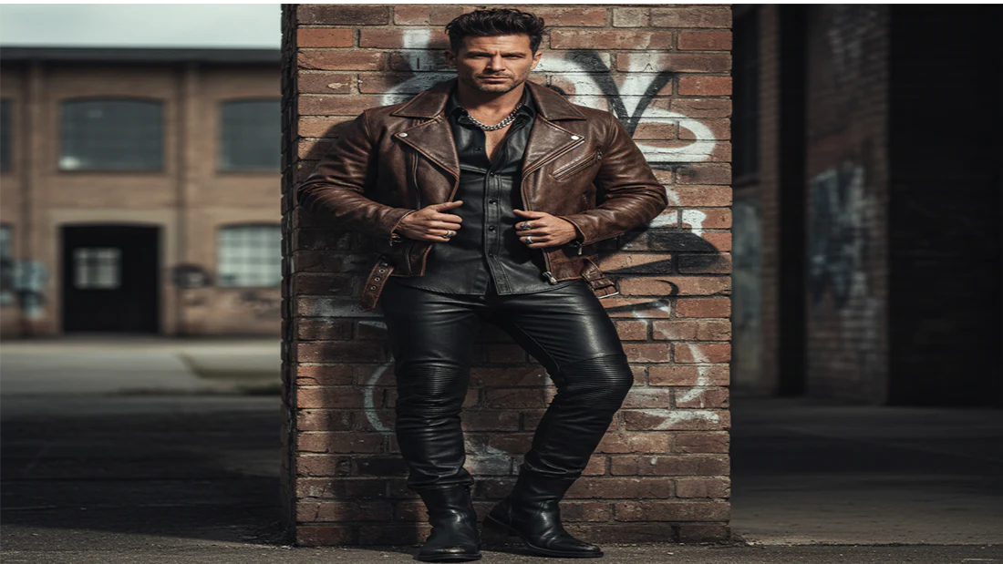 Man in brown leather jacket and black leather pants standing in urban setting – ShopBasix men’s leather fashion guide