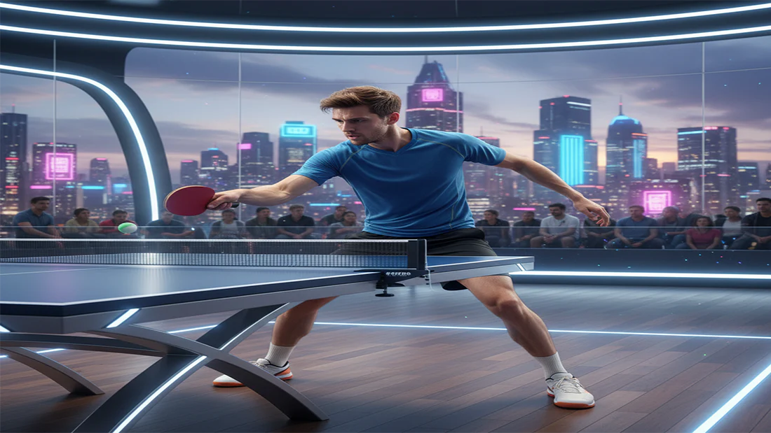Player in modern indoor arena hitting ping pong ball – ShopBasix table tennis evolution and Olympic sport