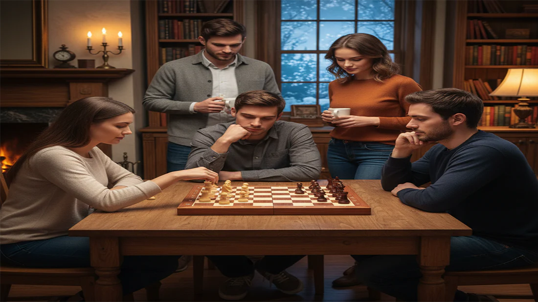 Group playing chess around wooden table in cozy room – ShopBasix social leisure and strategy