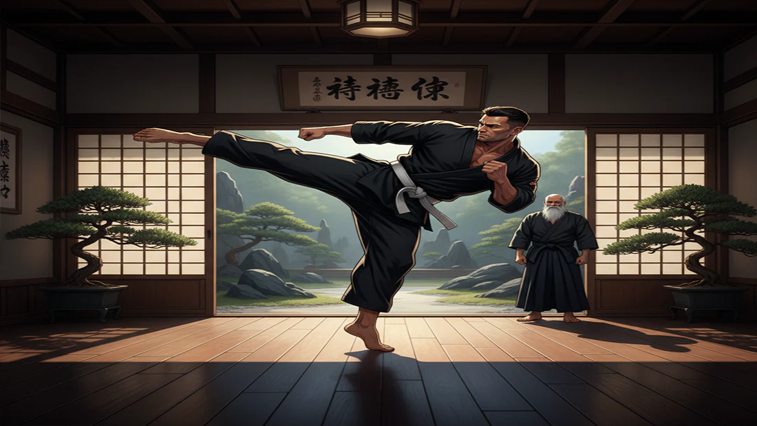 Martial arts dojo with student performing high kick – ShopBasix discipline and cultural training