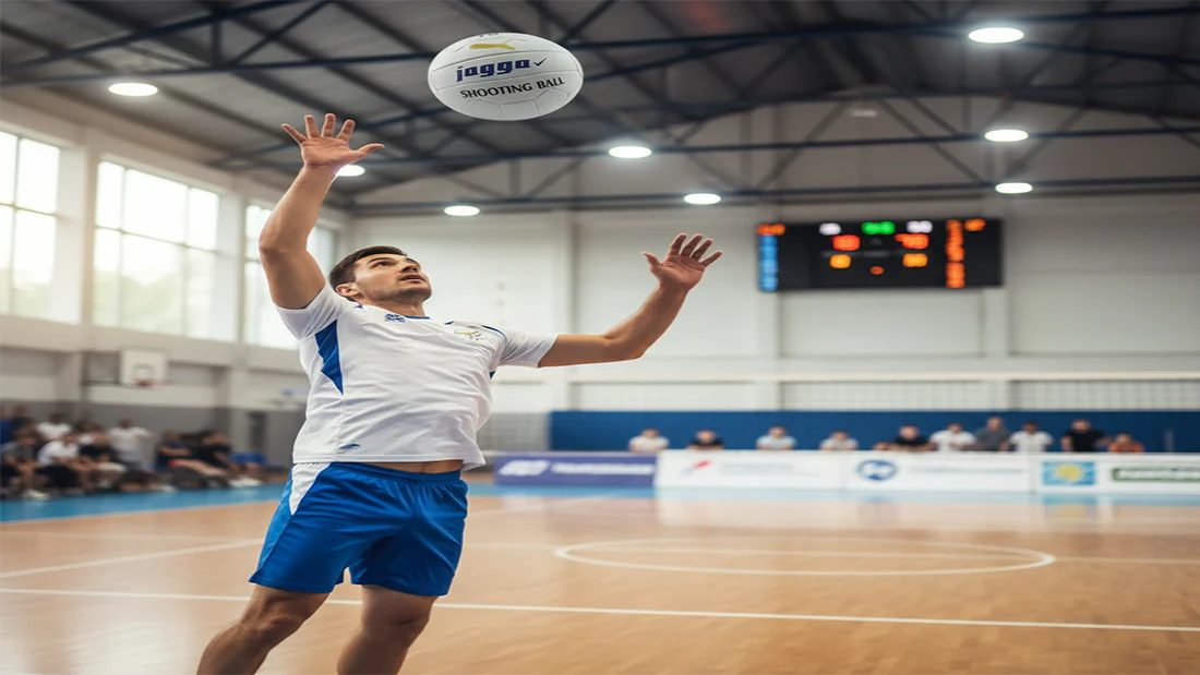 Volleyball player serving ball on indoor court – ShopBasix breath work training and performance