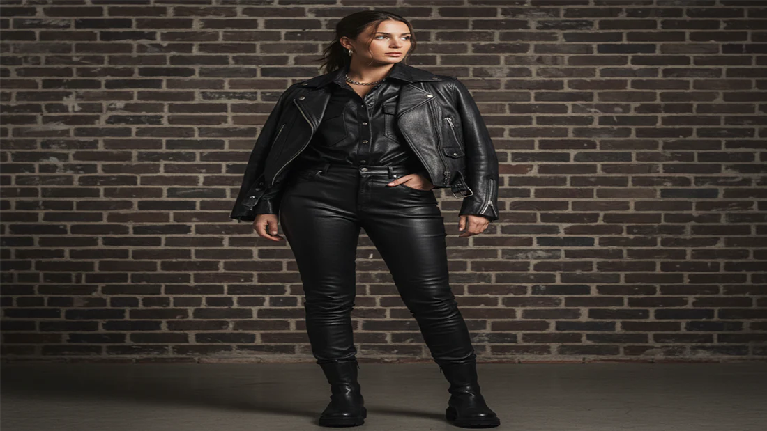 Woman in black leather jacket and pants posing against brick wall – ShopBasix women’s leather fashion guide