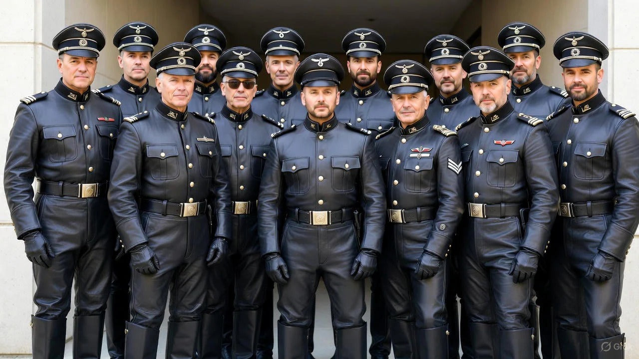Group in black leather uniforms with caps – ShopBasix BLUF meaning and leather culture