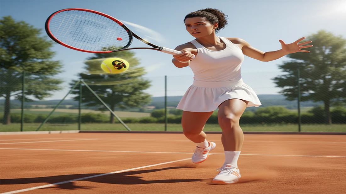 Tennis player hitting ball on outdoor clay court – ShopBasix tennis ball design and performance