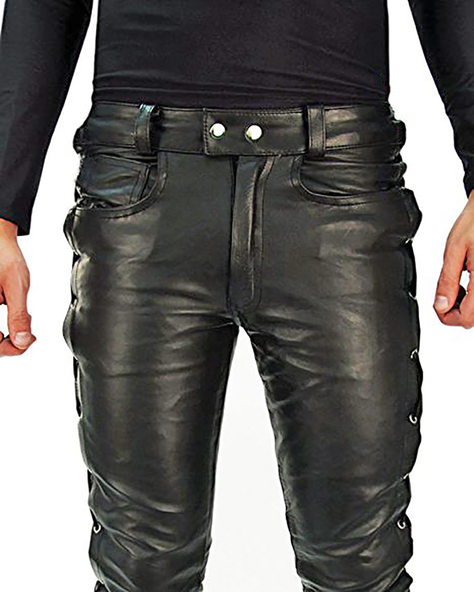 Men's Cowhide Leather Lace-Up Biker Pants with 5 Pockets