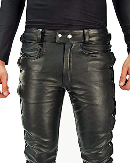 Men's Cowhide Leather Lace-Up Biker Pants with 5 Pockets