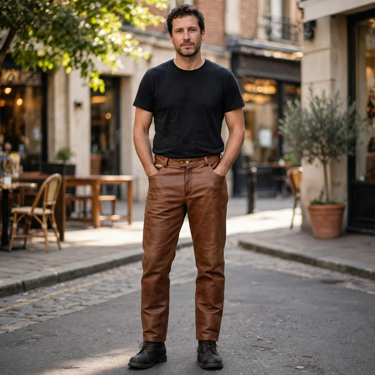 Vintage brown cowhide 5 pocket leather pants worn on the street