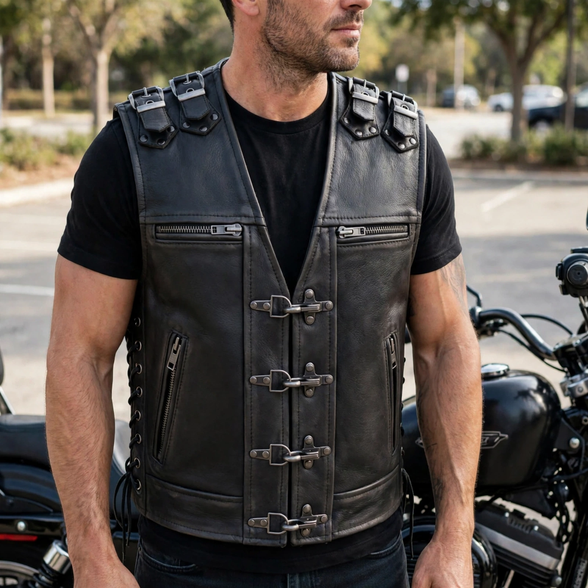 Black cowhide fish hook biker vest, lifestyle view
