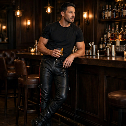 Athletic man in black leather buckle strap pants with single red side stripe, leaning at a leather bar