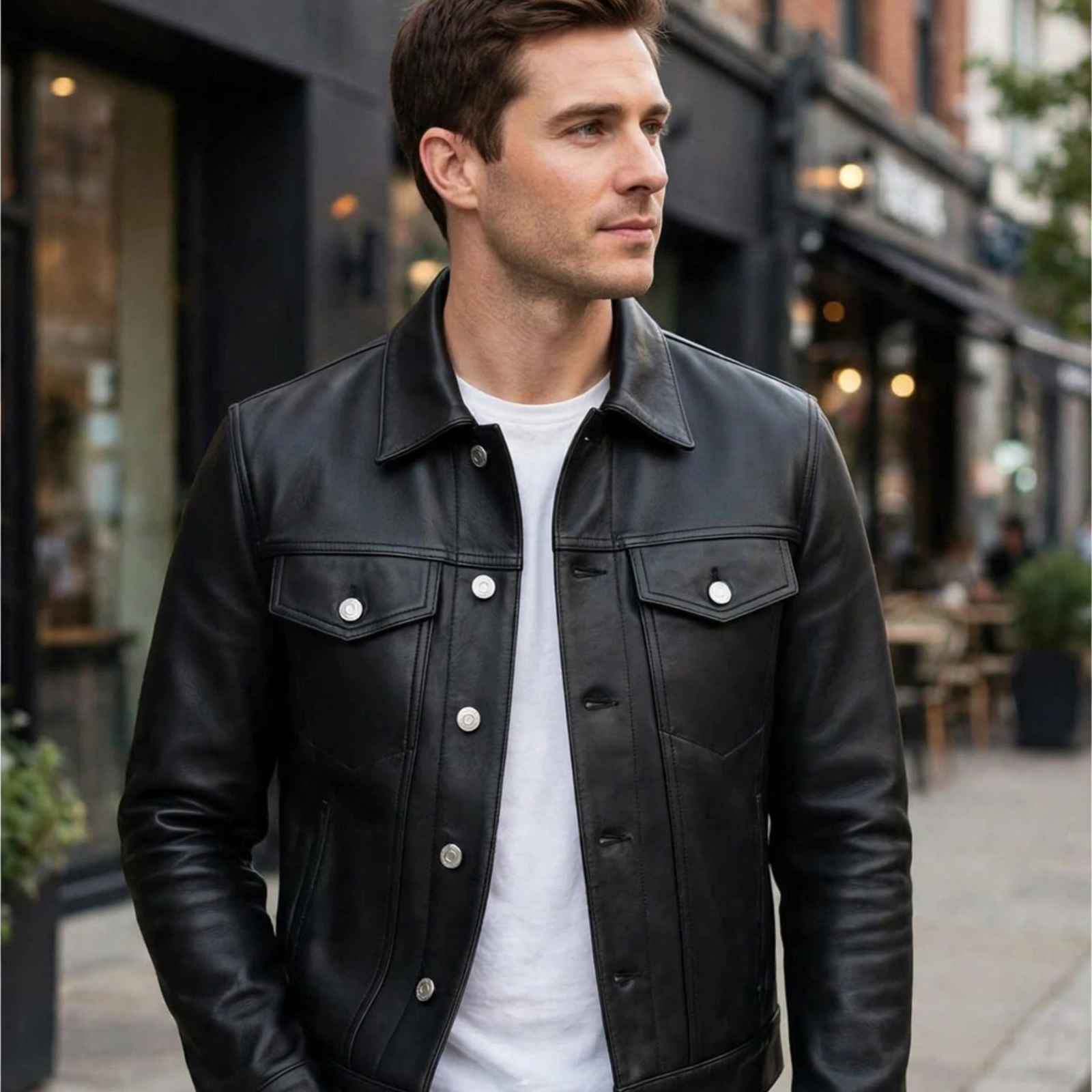 Black lamb leather trucker jacket, lifestyle view