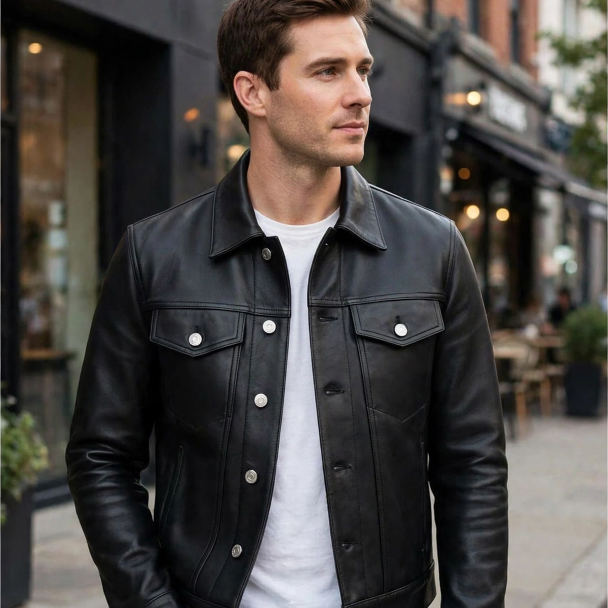 Black lamb leather trucker jacket, lifestyle view