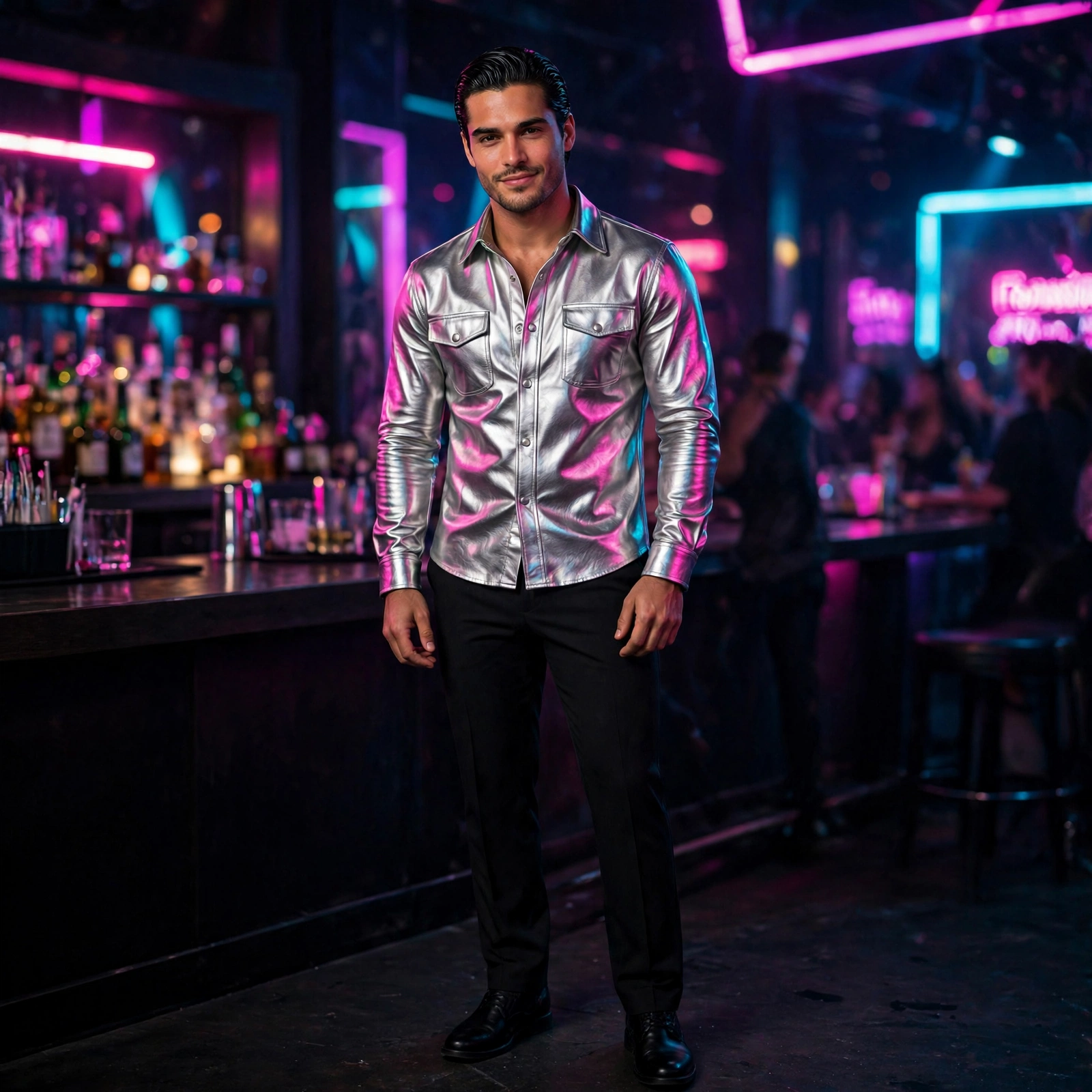 Man wearing silver metallic lamb leather shirt in a nightclub with neon lights