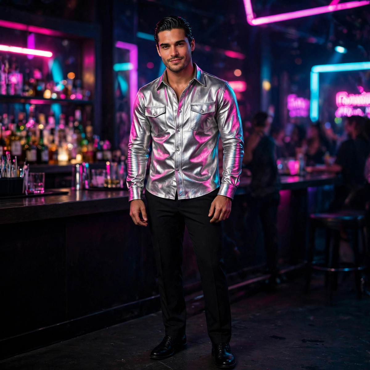 Man wearing silver metallic lamb leather shirt in a nightclub with neon lights