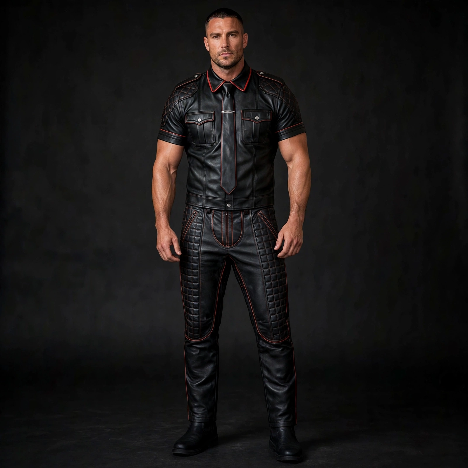 Black leather suit tie set, full suit view