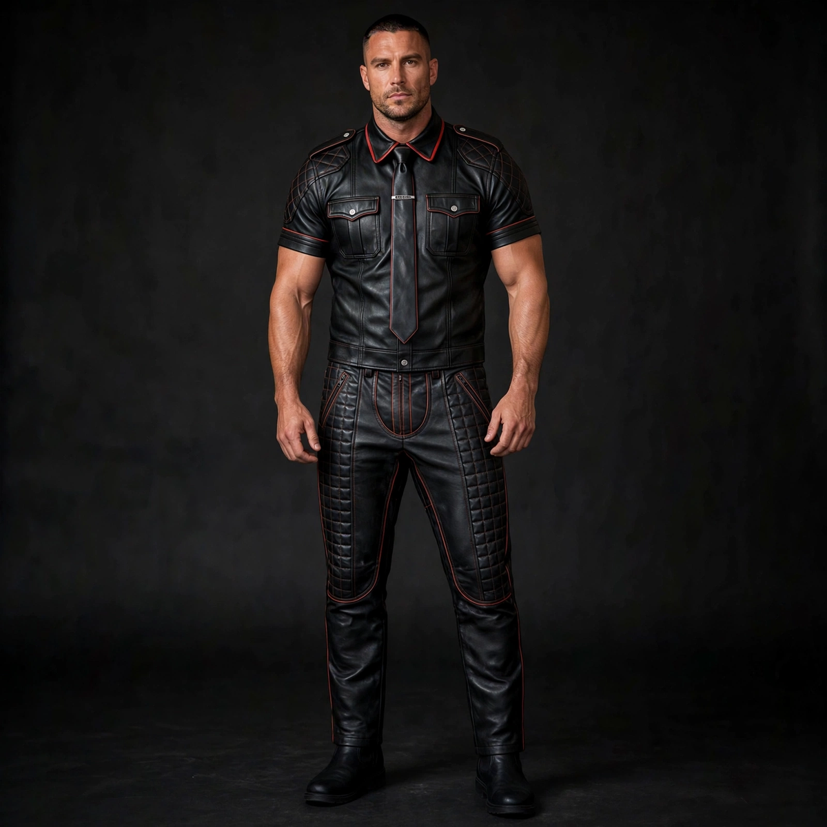 Black leather suit tie set, full suit view