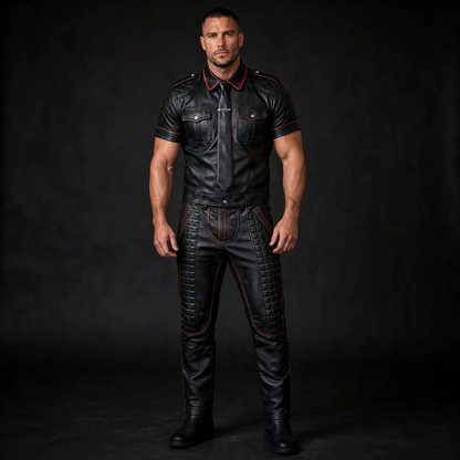 Black leather suit tie set, full suit view