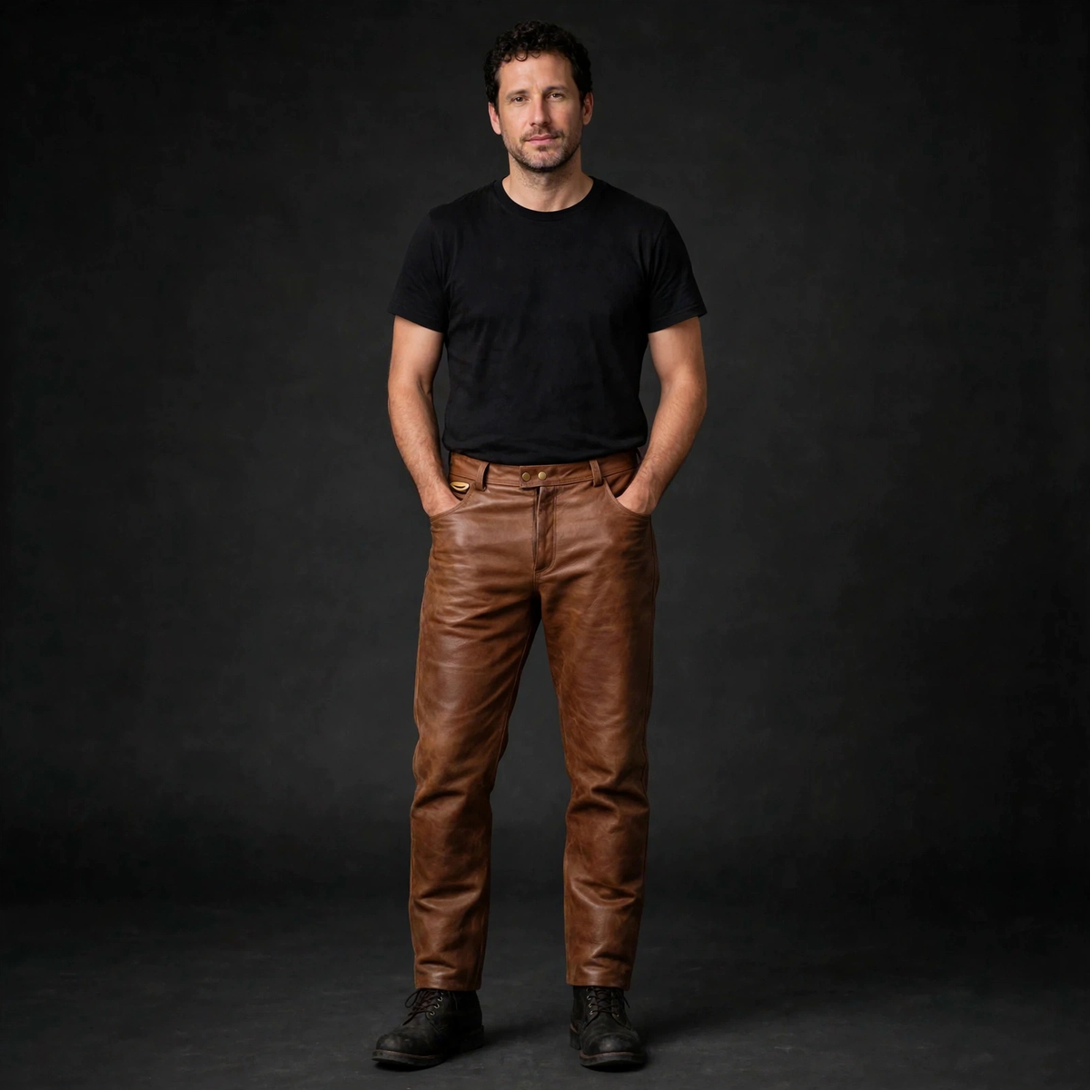 Vintage brown cowhide 5 pocket leather pants, front studio view