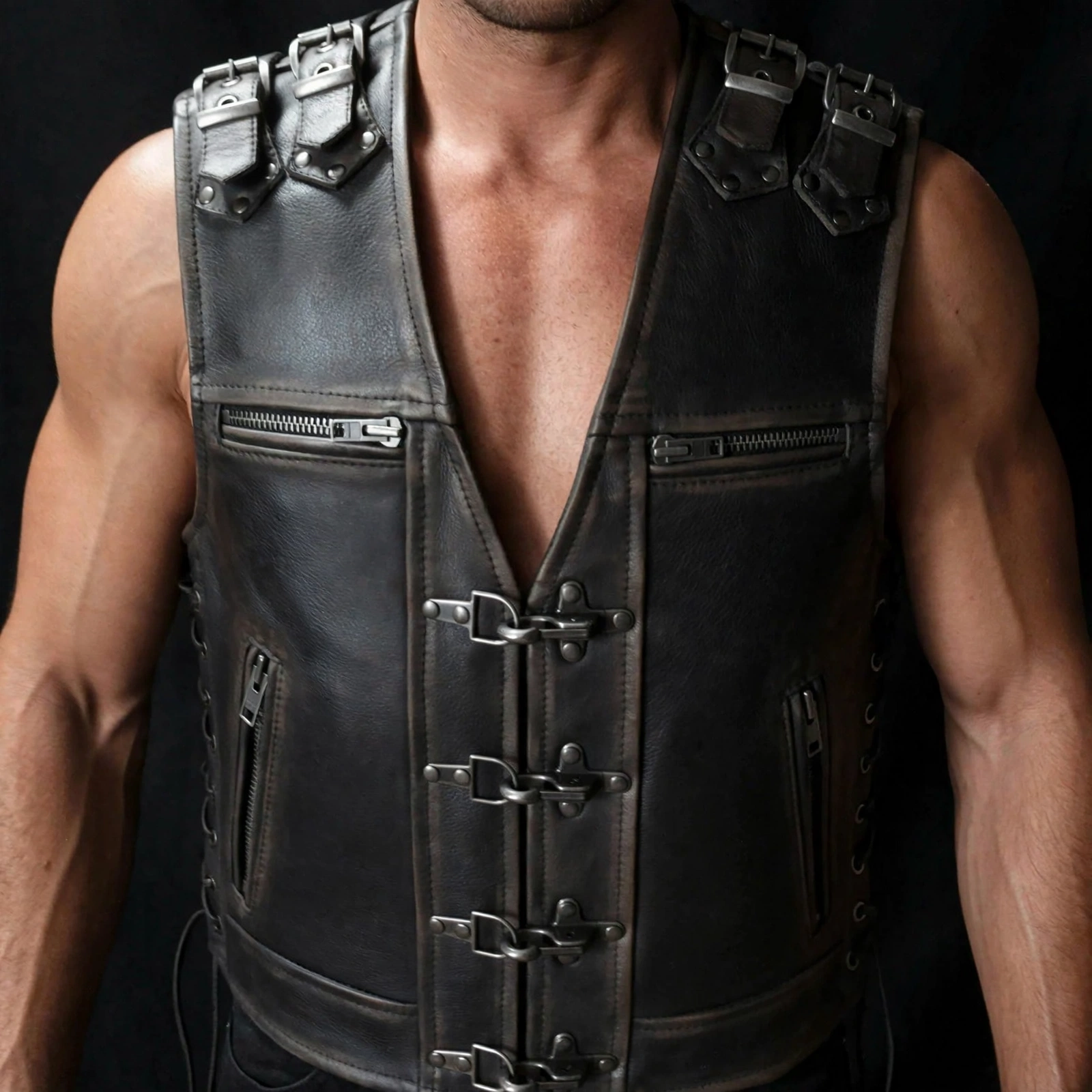 Black cowhide fish hook biker vest, front view