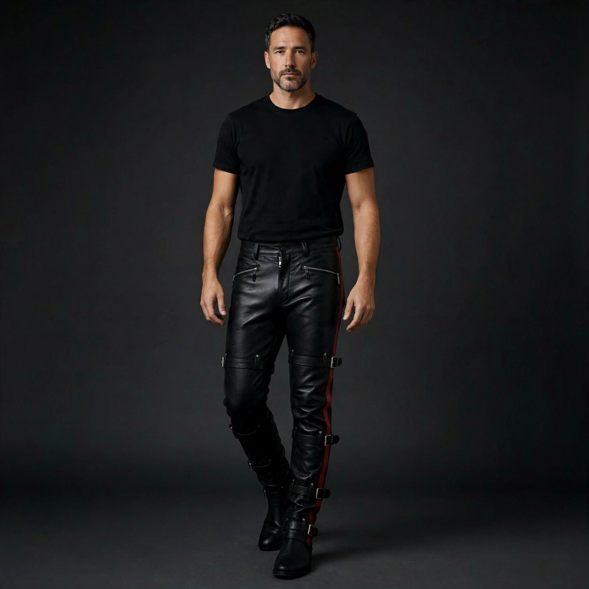 Athletic man wearing black leather buckle strap pants, single red side stripe on left leg, studio