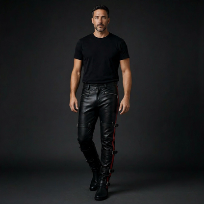 Athletic man wearing black leather buckle strap pants, single red side stripe on left leg, studio