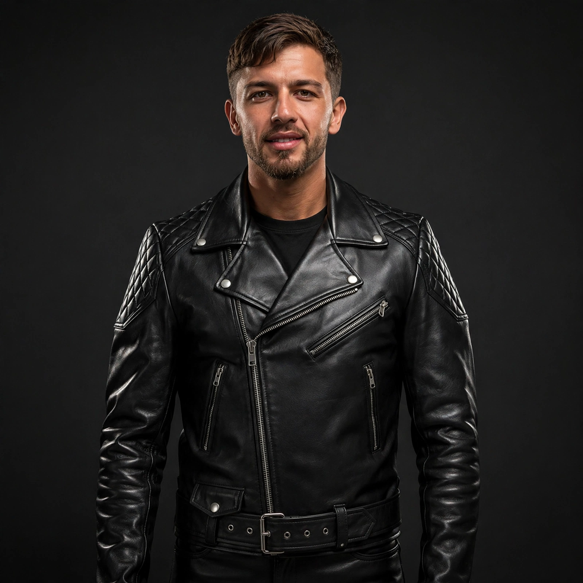 Black cowhide Brando biker jacket, front view