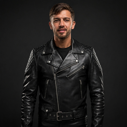 Black cowhide Brando biker jacket, front view