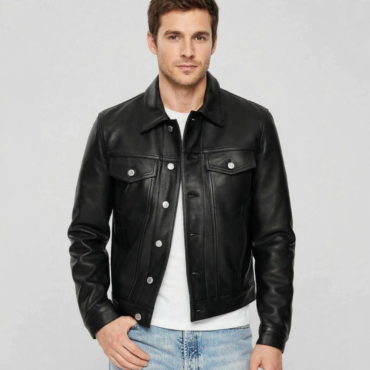 Black lamb leather trucker jacket, front view