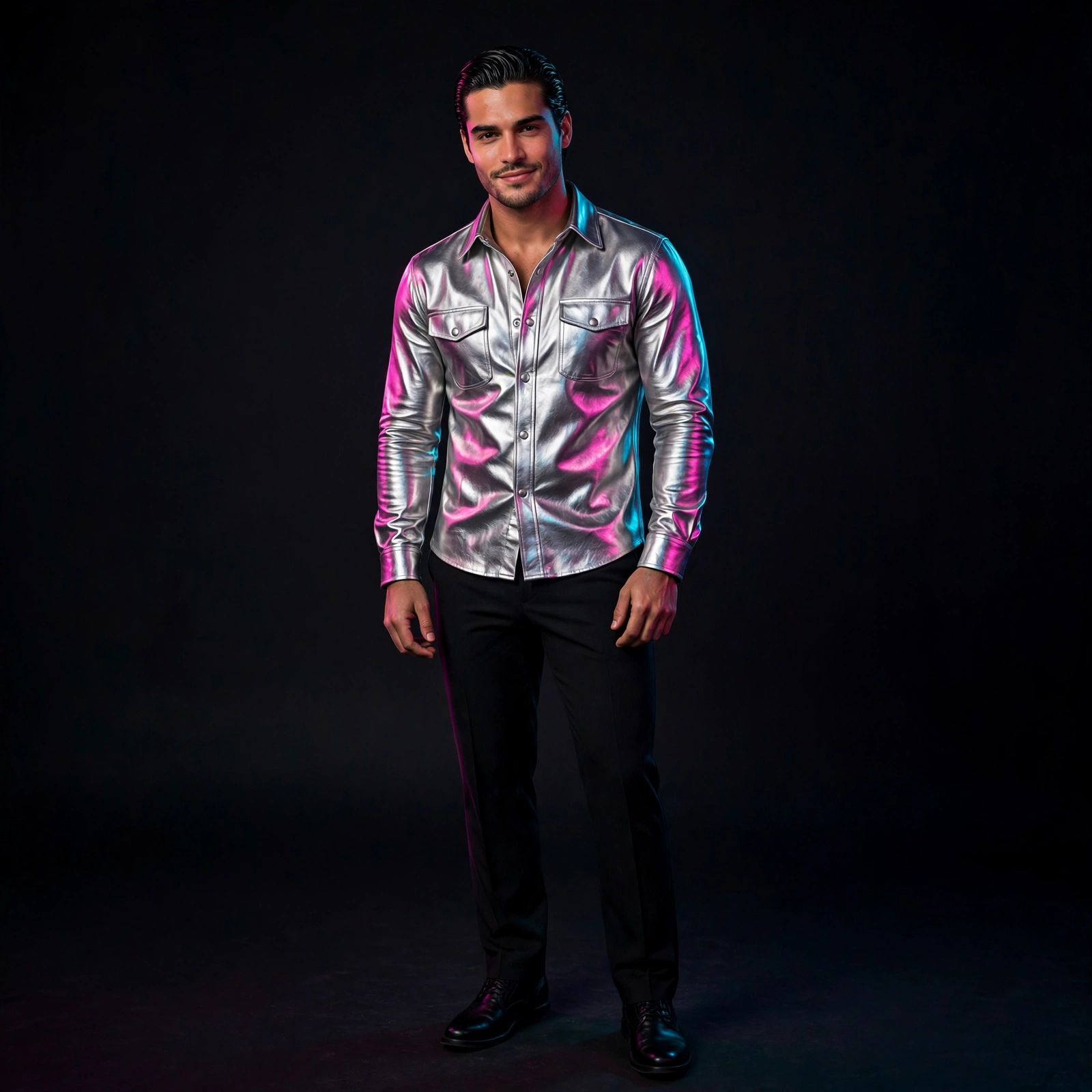 Man wearing silver metallic lamb leather shirt, front studio view, dark background with neon rim light
