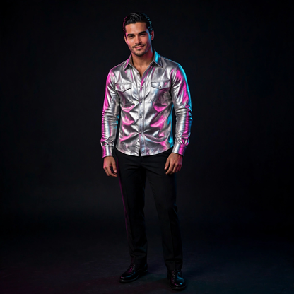 Man wearing silver metallic lamb leather shirt, front studio view, dark background with neon rim light