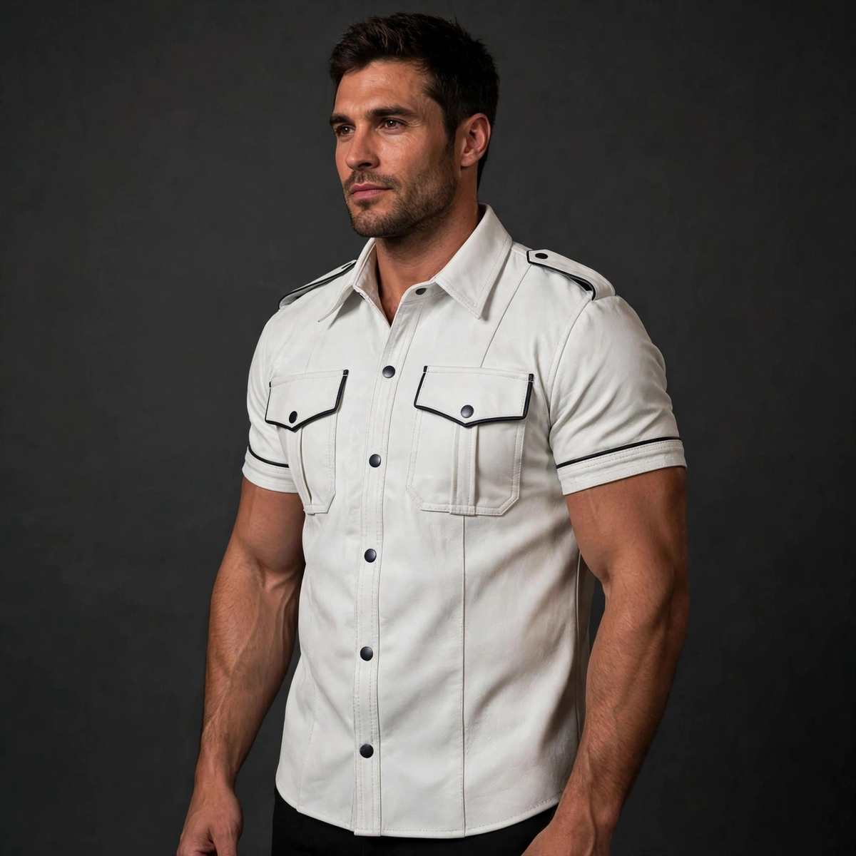 White police shirt in lamb leather, short sleeve with black piping, three-quarter front studio view