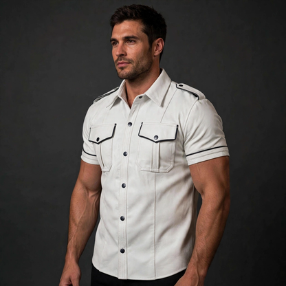 White police shirt in lamb leather, short sleeve with black piping, three-quarter front studio view