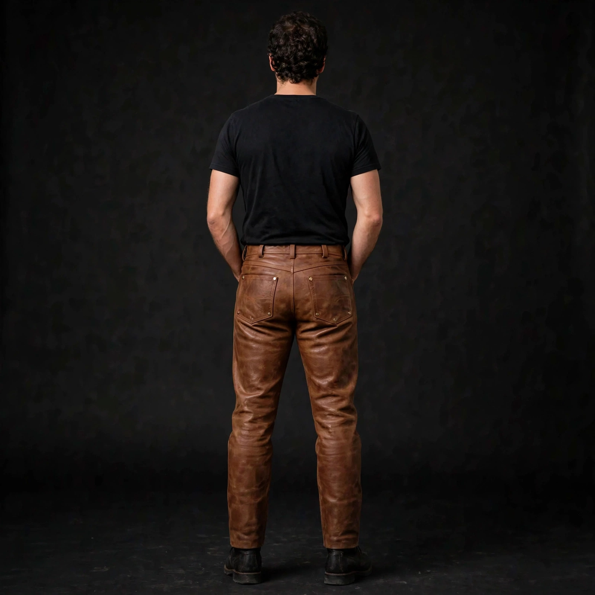 Vintage brown cowhide 5 pocket leather pants, back view with patch pockets