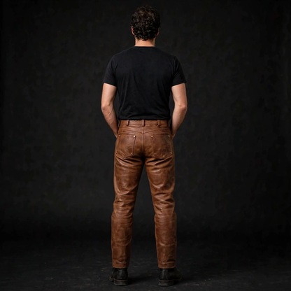 Vintage brown cowhide 5 pocket leather pants, back view with patch pockets