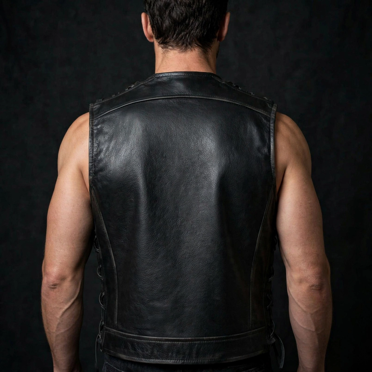 Black cowhide fish hook biker vest, back view