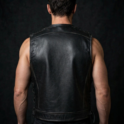 Black cowhide fish hook biker vest, back view