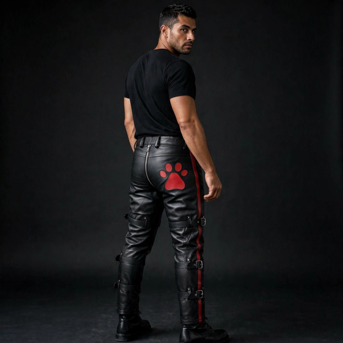 Athletic man wearing black leather buckle strap pants, red paw panel on back, back zip, studio