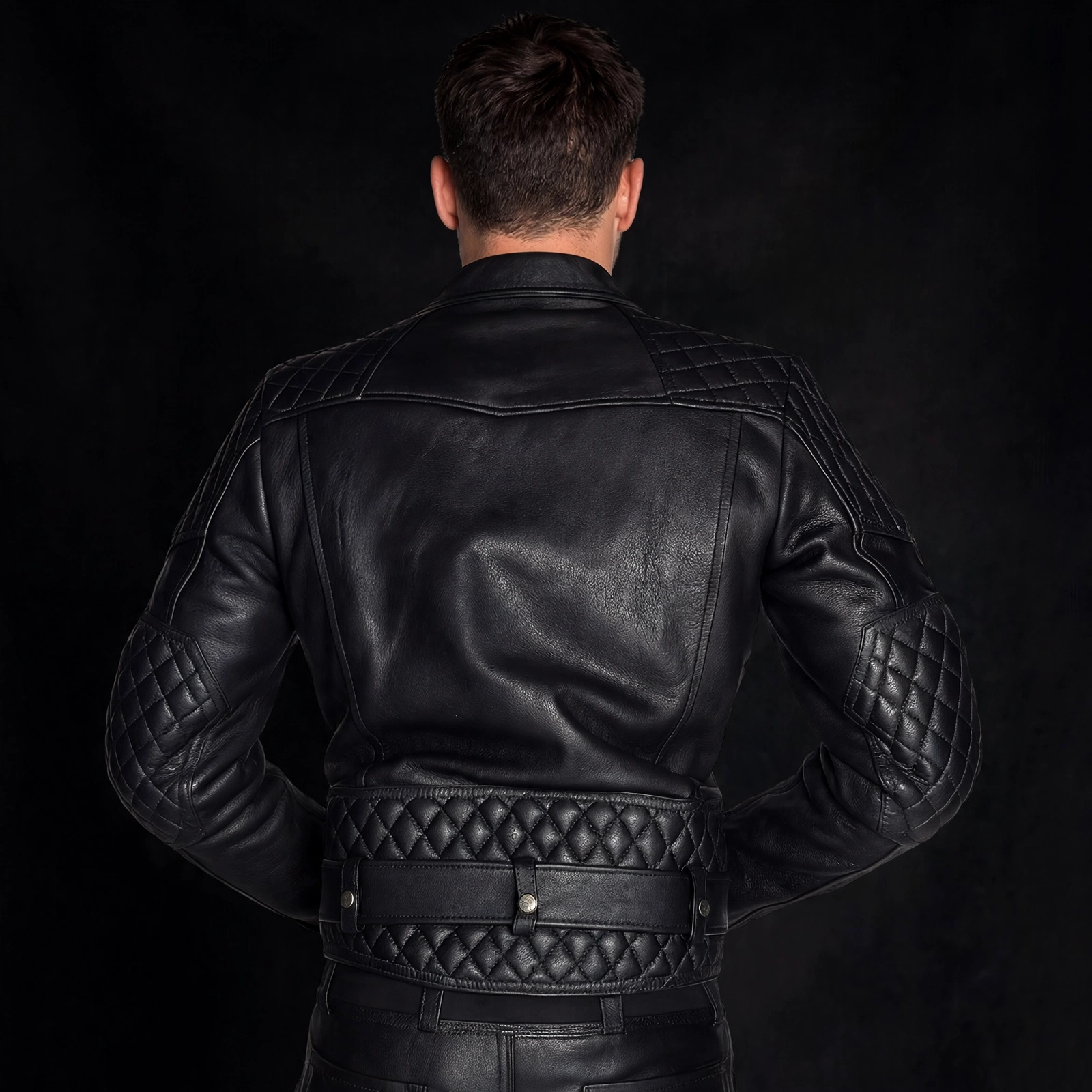 Black cowhide Brando biker jacket, back view