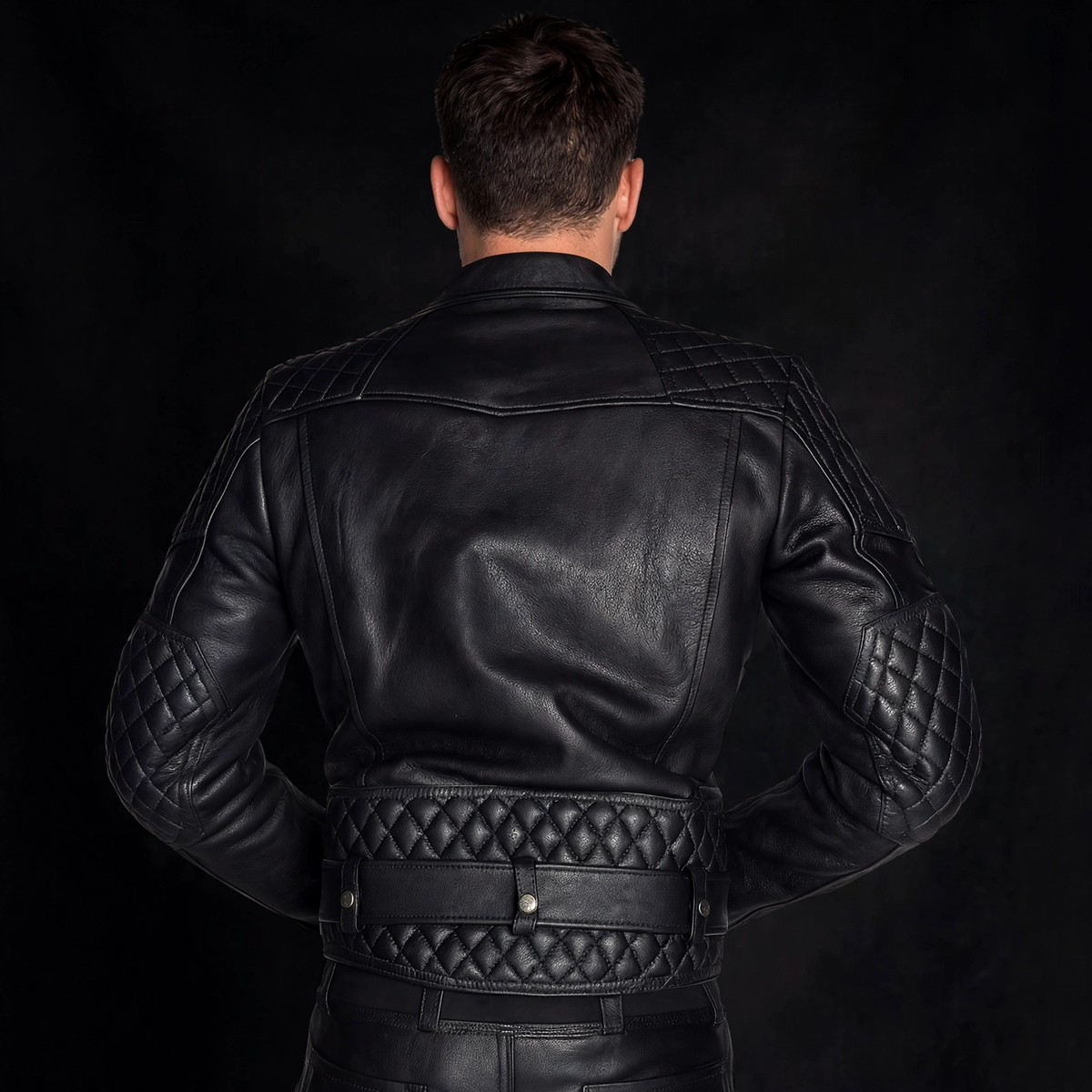 Black cowhide Brando biker jacket, back view