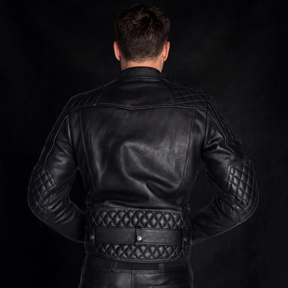 Black cowhide Brando biker jacket, back view