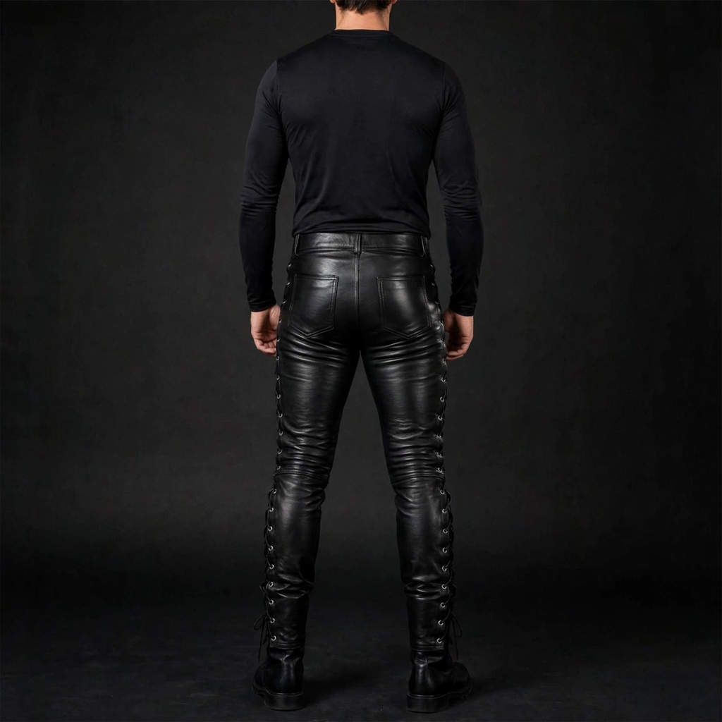 Black leather lace up pants back view with rear pockets and side lacing, men's cowhide pants