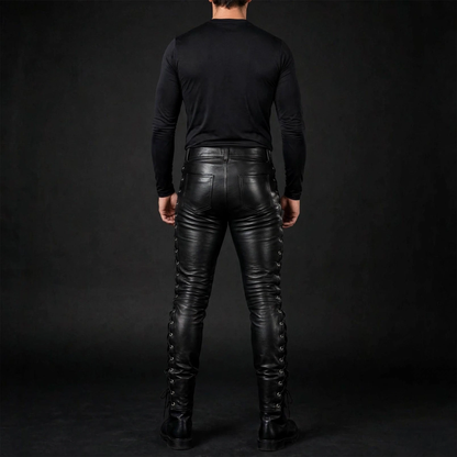 Black leather lace up pants back view with rear pockets and side lacing, men's cowhide pants